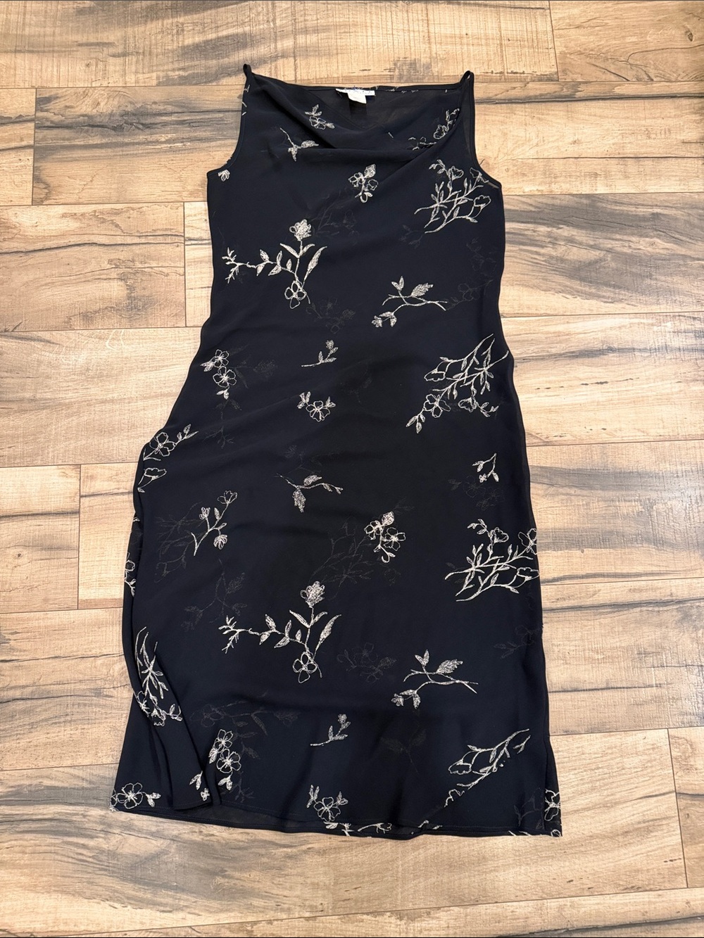 Natori Black Midi Slip Dress with Cream Floral Embroidery